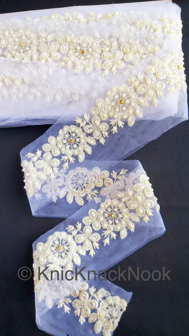 White Pearl And Rhinestones Beads Net Lace Trim, Floral Trim, One Yard